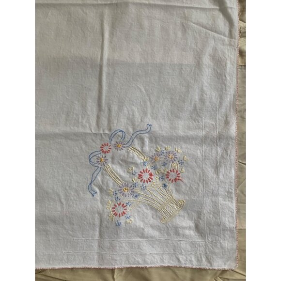 Vintage Embroidered Tablecloth with Floral Basket Design 50" x 53" White - Picture 4 of 8